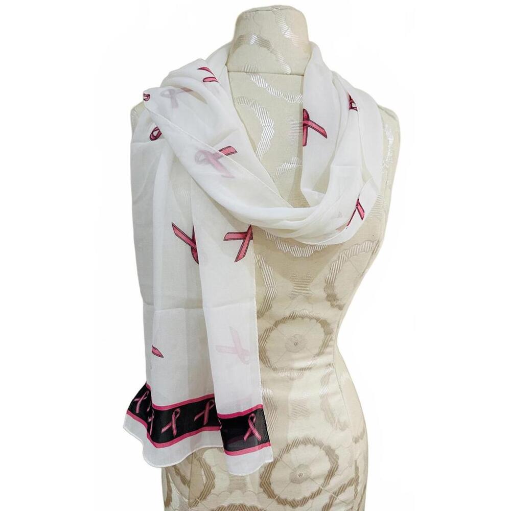 100% SILK White Scarf with Pink Breast Cancer Awareness Ribbons